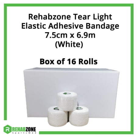 Rehabzone Tear Light Elastic Adhesive Bandage 7.5cm x 6.9m Box of 16 Rolls (White) Frame Rehabzone Singapore