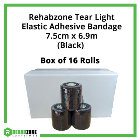Rehabzone Tear Light Elastic Self-Adhesive Bandage 7.5cm x 6.9m Box of 16 Rolls (Black) Rehabzone Singapore